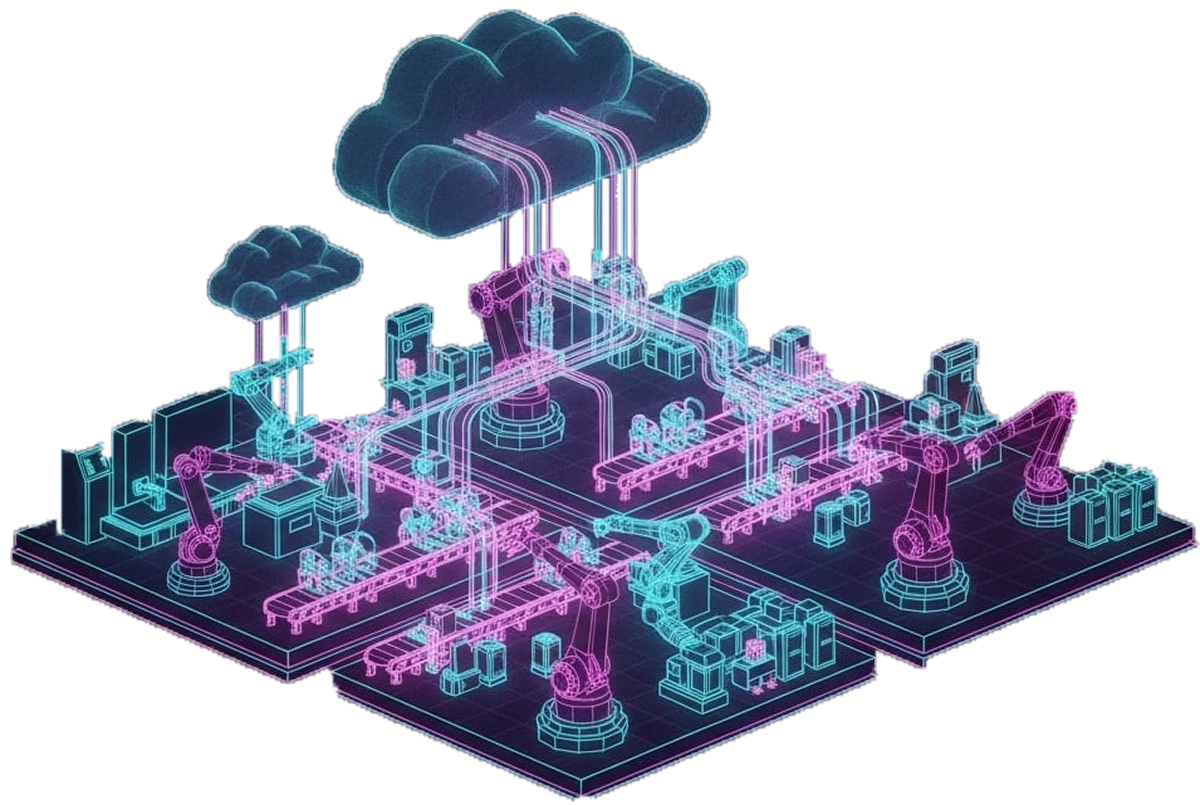 Ilustración de servidores en la nube conectados a los procesos de un negocio