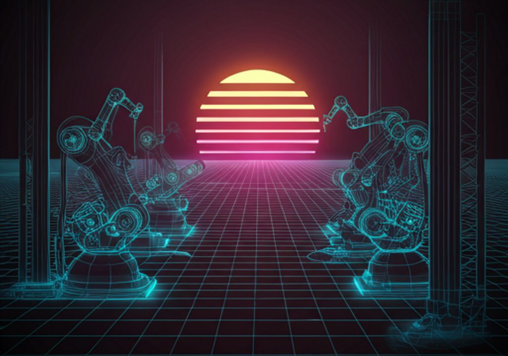 Brazos robóticos en una línea de producción con estética synthwave