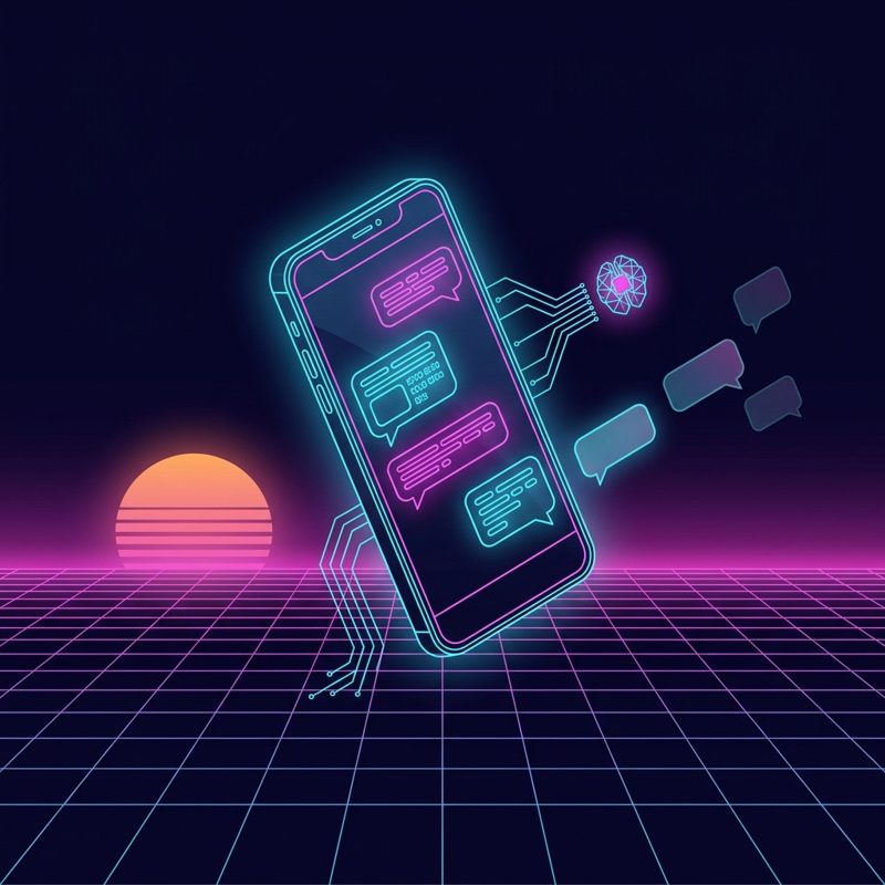 Celular con una conversación atendida por un agente de IA, estética synthwave