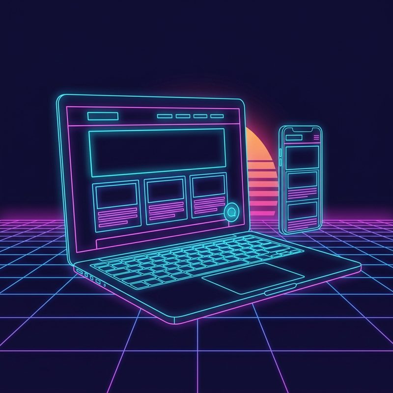 Portátil y celular mostrando la misma página web adaptada a cada pantalla, estética synthwave