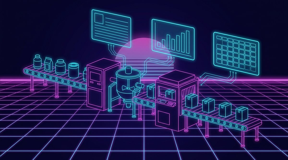 Línea de producción con paneles de receta, costos y turnos, estética synthwave