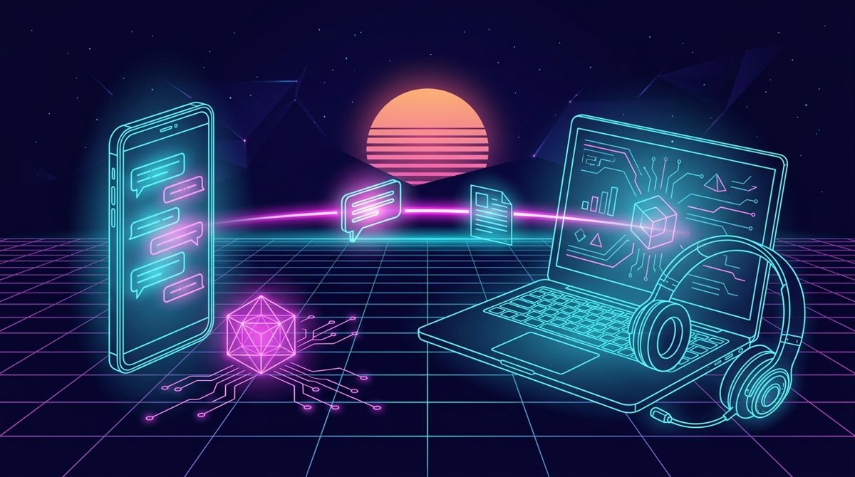 Un agente de IA en el celular pasa la conversación y un resumen al computador de un asesor, estética synthwave