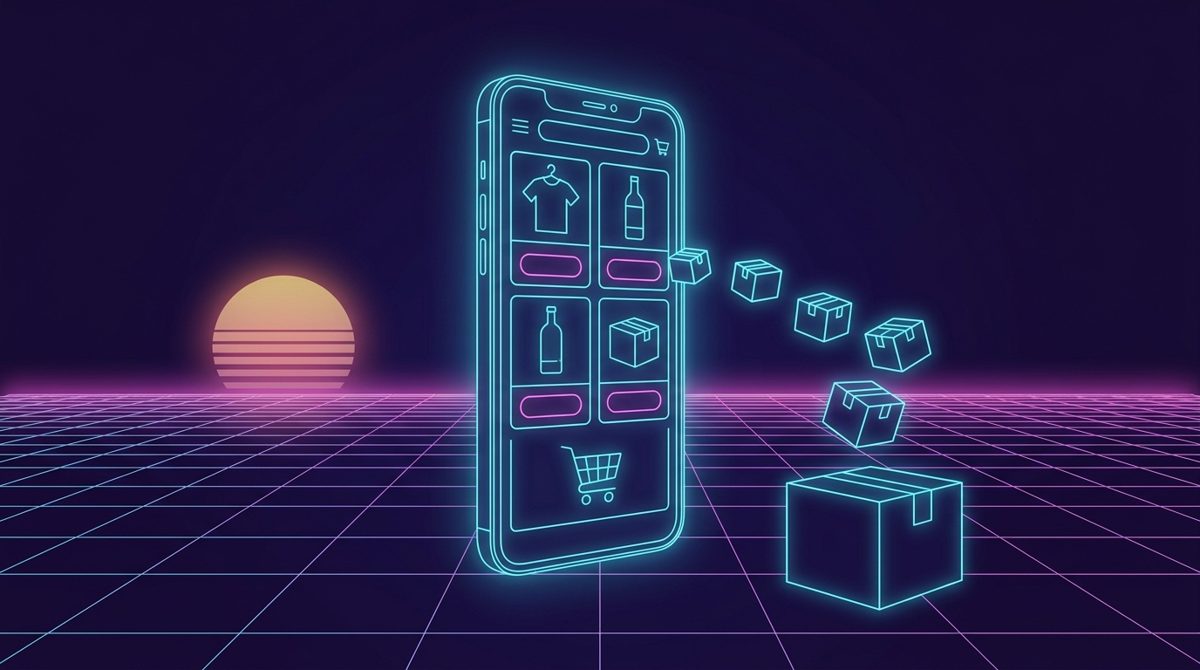 Tienda online en un celular con productos y paquetes saliendo hacia una caja de envío, estética synthwave