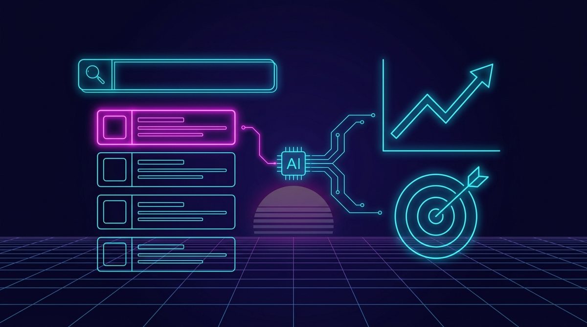 Resultados de búsqueda, gráfico de crecimiento y diana conectados por un núcleo de IA, estética synthwave