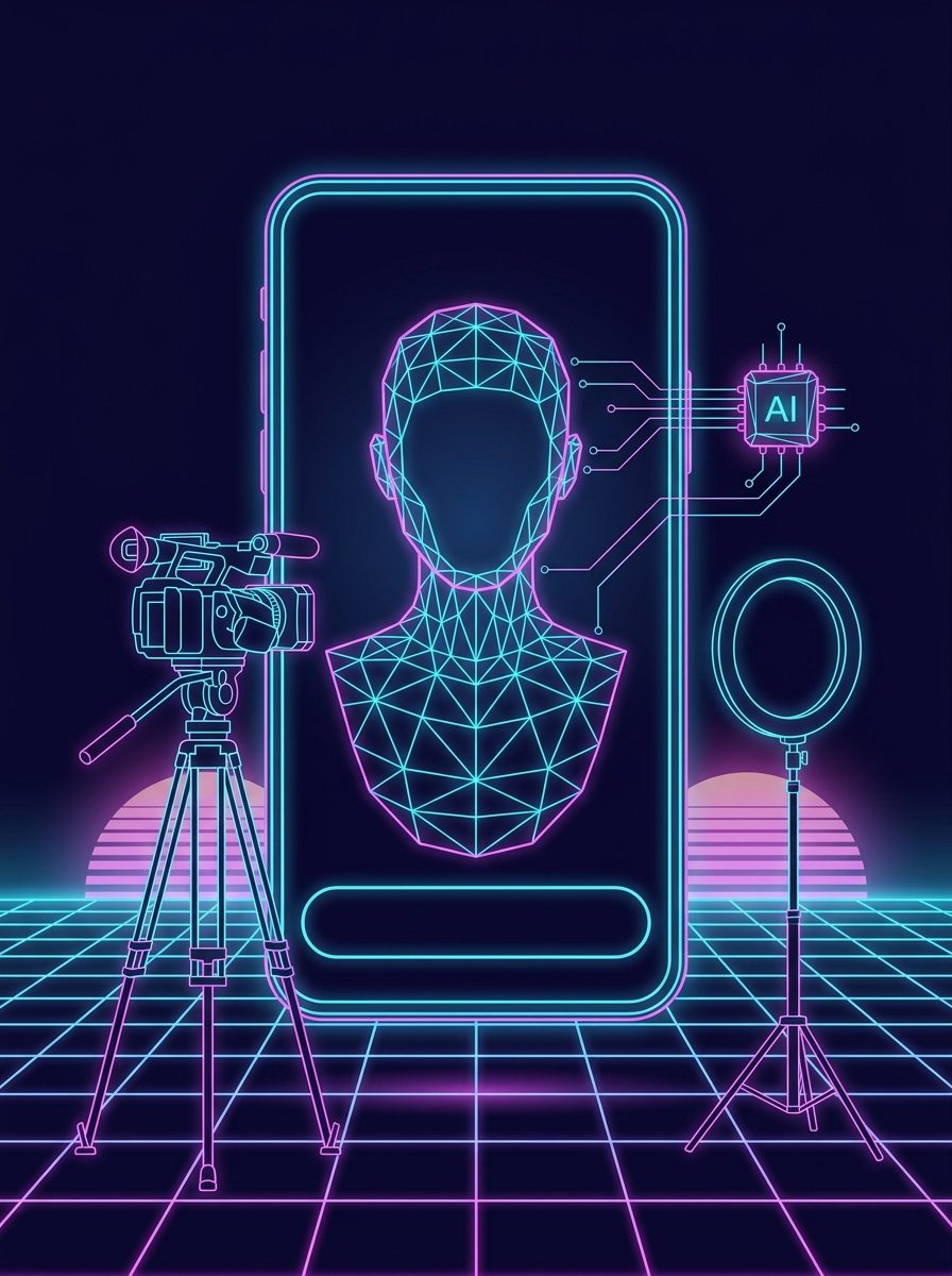 Presentador virtual hecho de malla de neón dentro de un marco vertical, con cámara y aro de luz, estética synthwave